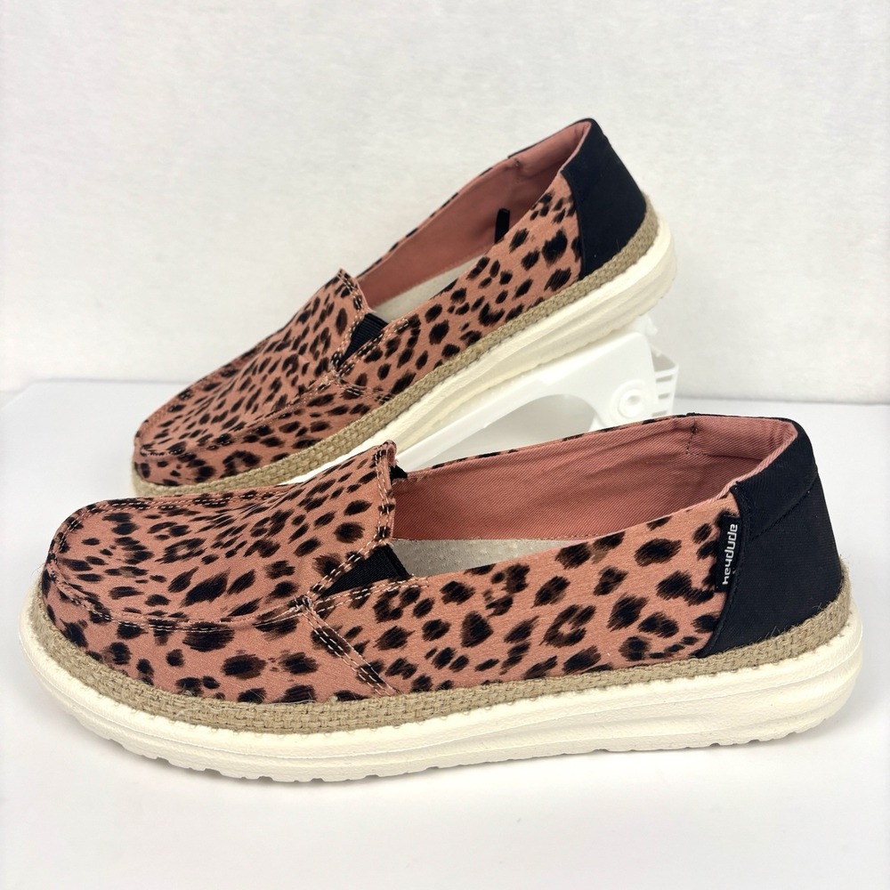 HEYDUDE Lena Leopard Rose Slip On Shoes Women’s 10 Pink Black Rope Trim NWOB